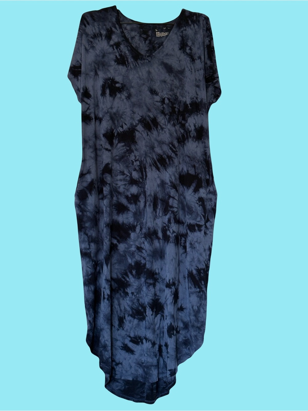 Livi Active by Lane Bryant Navy and Black Tie-Dye High-Low V-Neck Dress